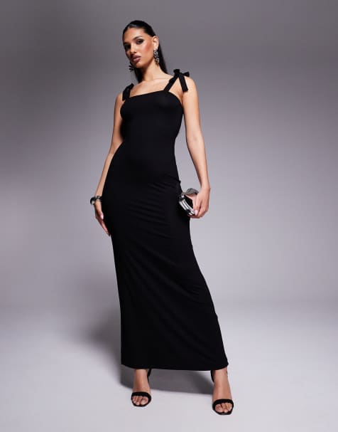 ASOS DESIGN - Robe longue à encolure carrée et détail noué - Noir - view 1