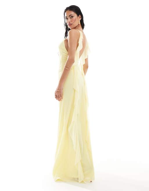 ASOS DESIGN - Robe longue à encolure carrée et ourlet plongeant avec volants au dos - Citron, 3 de 4