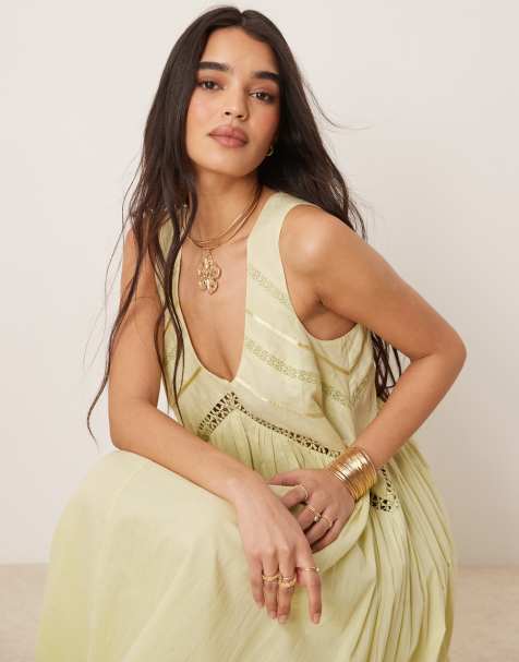 ASOS DESIGN - Robe longue à encolure dégagée avec ourlet mouchoir - Vert citron délavé - view 1