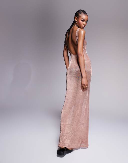 ASOS DESIGN - Robe longue à encolure dégagée en maille métallisée transparente - Bronze, 3 de 4