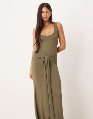 ASOS DESIGN - Robe longue à encolure dégagée et nouée devant - Kaki-Vert