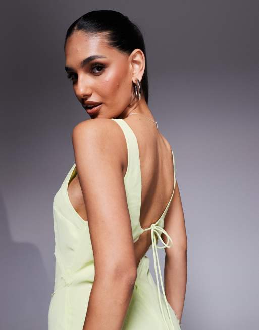 ASOS DESIGN - Robe longue à encolure échancrée avec bords francs et ourlet fantaisie - Citron vert, 3 de 4