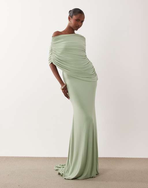 ASOS DESIGN - Robe longue à épaules dénudées avec corsage cache-cœur et traîne - Vert sauge, 2 de 4