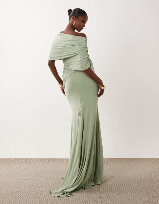 ASOS DESIGN - Robe longue à épaules dénudées avec corsage cache-cœur et traîne - Vert sauge, 4 de 4