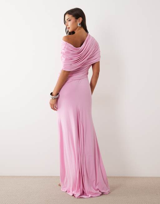 ASOS DESIGN - Robe longue à épaules dénudées avec corsage enveloppant et traîne - Rose, 4 de 4