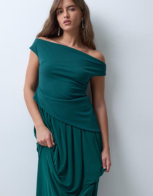 ASOS DESIGN robe longue à épaules dénudées avec jupe drapée torsadée vert foncé, 3 de 4