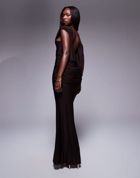 ASOS DESIGN - Robe longue à épaules dénudées et dos bénitier drapé - Chocolat - view 1
