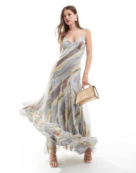 ASOS DESIGN - Robe longue à fines bretelles et brassière apparente et à godets - Imprimé marbré abstrait - view 1