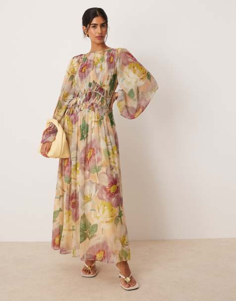 ASOS DESIGN - Robe longue à fleurs à fronces au niveau de la taille en macramé - view 1