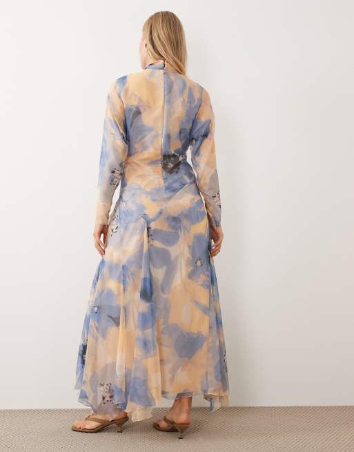 ASOS DESIGN - Robe longue à fleurs avec col montant et taille asymétrique - Bleu, 4 de 4