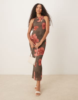Robe longue à fleurs avec découpe et détail torsadé sur l'épaule - Couleurs foncées-Multicolore XS