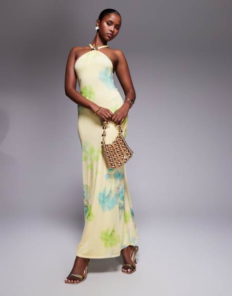 ASOS DESIGN - Robe longue à fleurs avec encolure américaine, bordures en tulle et détail torsadé au dos - Jaune - view 1