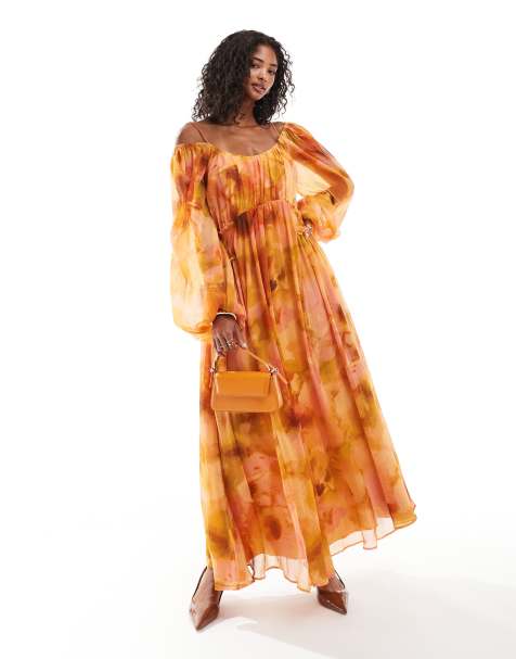 ASOS DESIGN - Robe longue à fleurs avec encolure dégagée et empiècement froncé à la taille - Orange - view 1