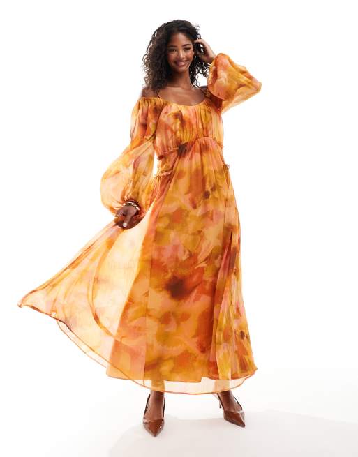 ASOS DESIGN - Robe longue à fleurs avec encolure dégagée et empiècement froncé à la taille - Orange, 3 de 4