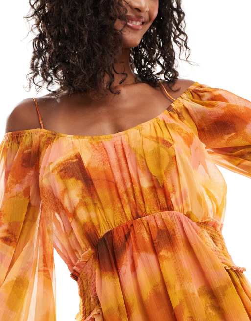 ASOS DESIGN - Robe longue à fleurs avec encolure dégagée et empiècement froncé à la taille - Orange, 4 de 4