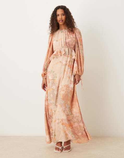 ASOS DESIGN - Robe longue à fleurs avec manches longues et taille à volants - Pêche - view 1