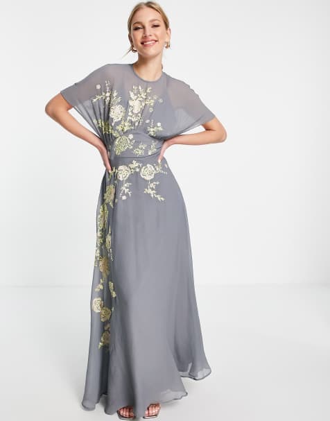 ASOS DESIGN - Robe longue à fleurs brodées - Gris - view 1