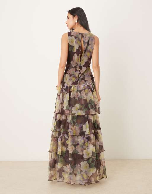 ASOS DESIGN - Robe longue à fleurs en mousseline et organza avec taille basse et volants, 3 de 4
