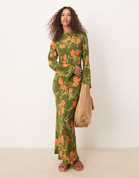 ASOS DESIGN - Robe longue à fleurs et encolure bateau - Vert - view 1