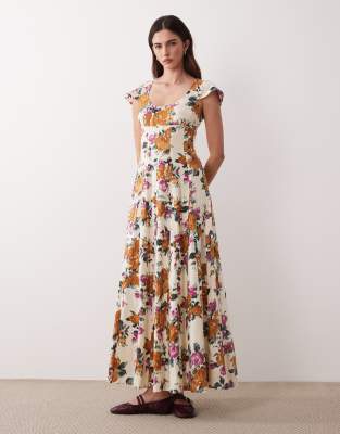 Robe longue à fleurs et godets avec encolure dégagée et manches courtes - Multicolore 36