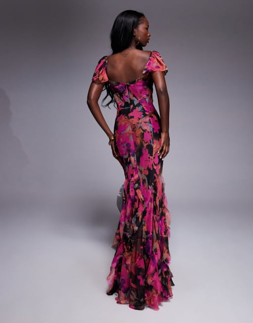 ASOS DESIGN - Robe longue à fleurs foncées avec manches évasées et godets à volants, 3 de 4