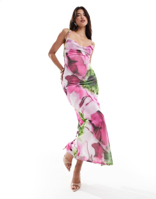 ASOS DESIGN - Robe longue à fleurs oversize avec col bénitier et bretelles croisées dans le dos