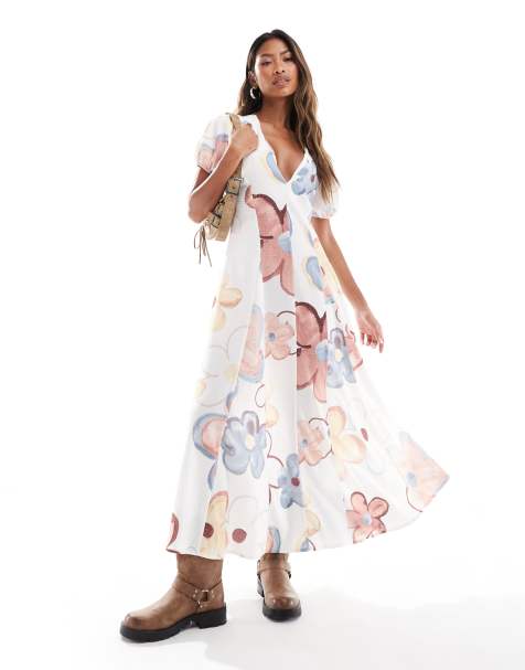 ASOS DESIGN - Robe longue à fleurs oversize avec godets et manches bouffantes - view 1