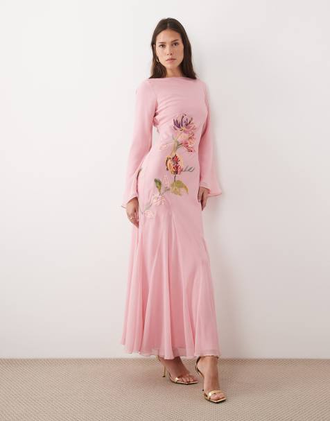 ASOS DESIGN - Robe longue à godets et broderies ornementées avec manches longues et bordures contrastantes - Rose - view 1
