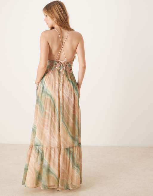 ASOS DESIGN - Robe longue à imprimé abstrait et croisillons à la taille avec bretelles et buste froncé, 3 de 4