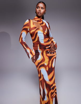 Robe longue à imprimé abstrait et épaule fendue - Rouge-Multicolore S