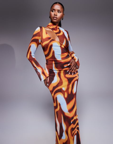 ASOS DESIGN - Robe longue à imprimé abstrait et épaule fendue - Rouge - view 1