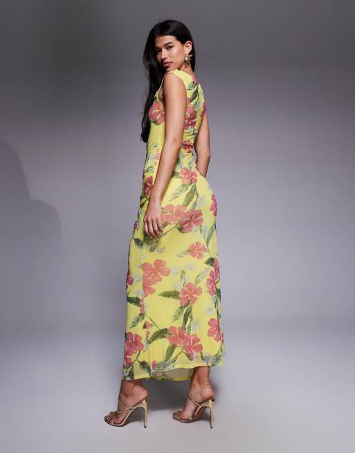 ASOS DESIGN - Robe longue à imprimé fleuri avec découpe et encolure asymétrique - Jaune, 2 de 4