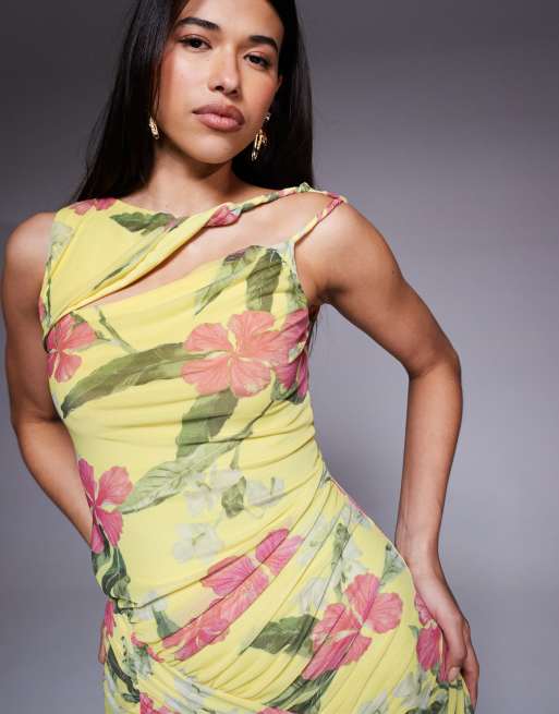 ASOS DESIGN - Robe longue à imprimé fleuri avec découpe et encolure asymétrique - Jaune, 4 de 4