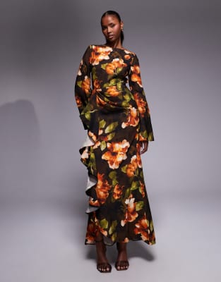 Robe longue à imprimé fleuri avec manches longues et jupe volantée - Noir-Multicolore 40