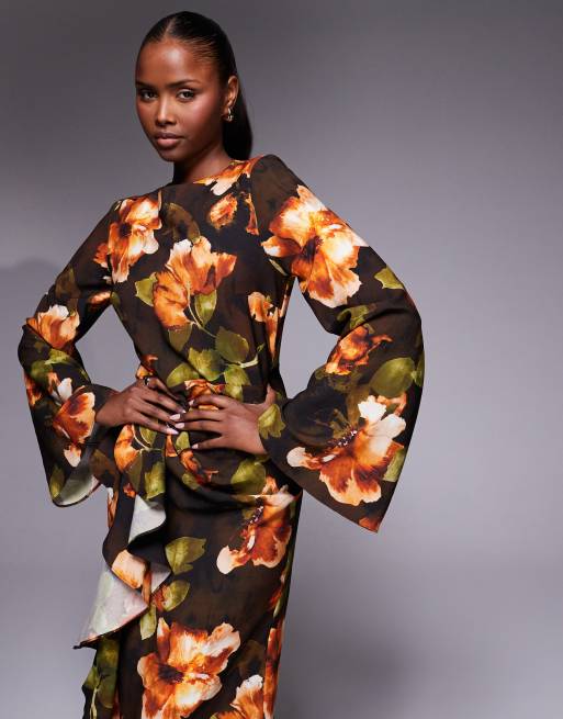 ASOS DESIGN - Robe longue à imprimé fleuri avec manches longues et jupe volantée - Noir, 4 de 4