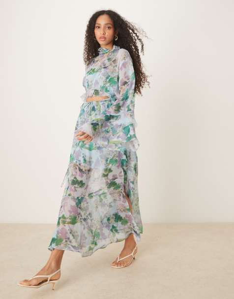ASOS DESIGN - Robe longue à imprimé fleuri et manches volantées avec col montant et découpe - view 1