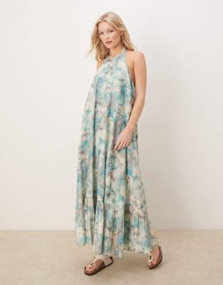 Robe longue à imprimé fleuri flou avec ourlet volanté et dos nu-Multicolore 44