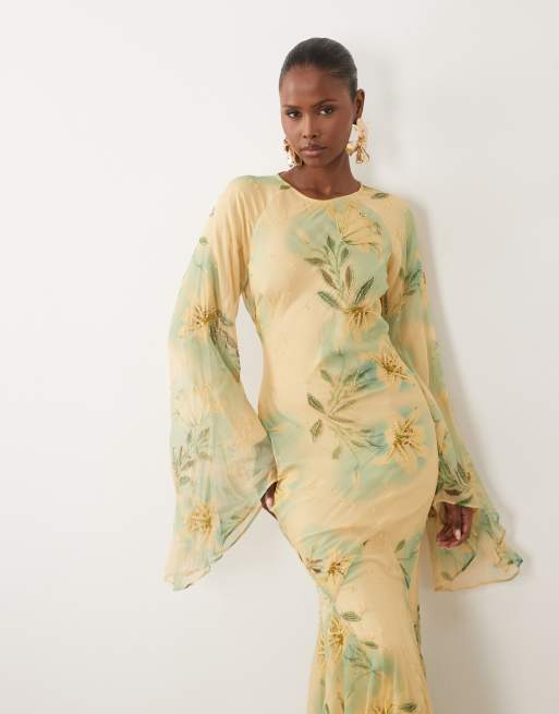 ASOS DESIGN - Robe longue à imprimé ornementé et manches volumineuses - Vert, 2 de 4