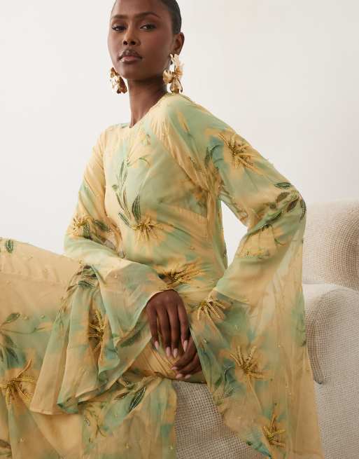 ASOS DESIGN - Robe longue à imprimé ornementé et manches volumineuses - Vert, 4 de 4
