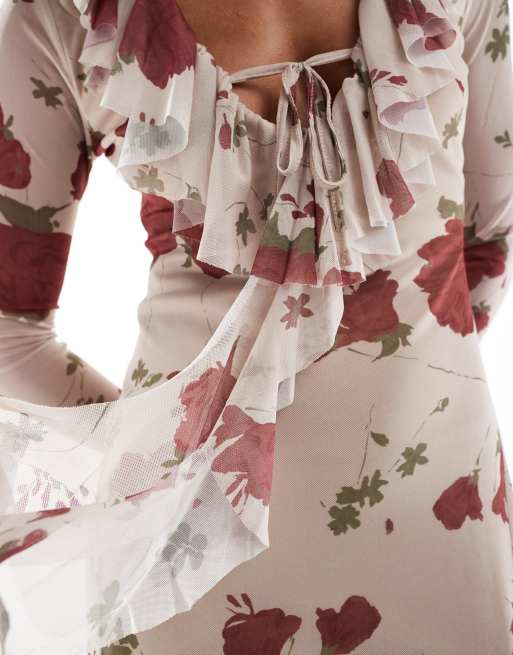 ASOS DESIGN - Robe longue à imprimé roses avec volants et liens noués à l'avant, 2 de 4