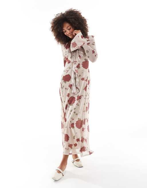 ASOS DESIGN - Robe longue à imprimé roses avec volants et liens noués à l'avant, 4 de 4