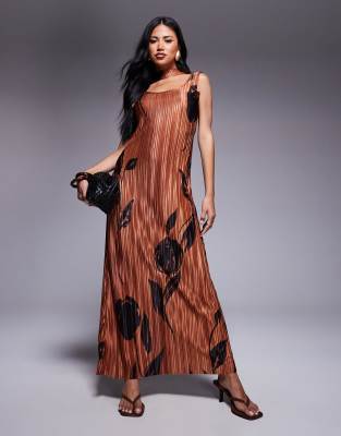 ASOS DESIGN - Robe longue à imprimé roses et encolure carrée avec foulard - Marron-Multicolore