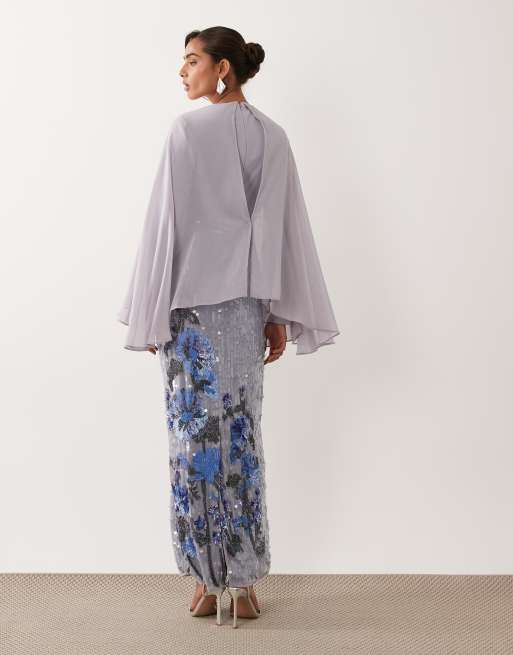 ASOS DESIGN - Robe longue à jupe ornementée avec détail cape - Bleu, 4 de 4