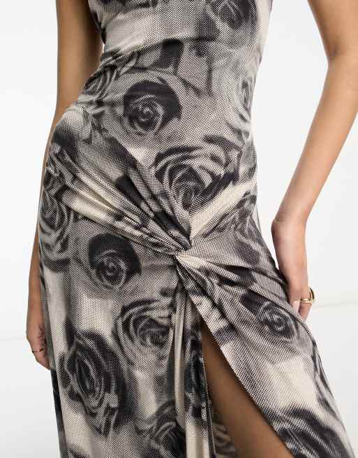 ASOS DESIGN - Robe longue à lanières à effet torsadé et imprimé roses - Noir et blanc , 3 de 4