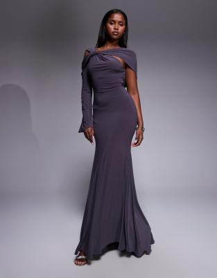 Robe longue à manche unique avec détail torsadé - Gris ardoise-Argenté 38
