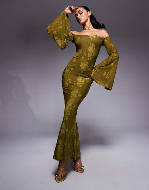ASOS DESIGN - Robe longue à manches ange oversize, encolure Bardot et nœuds dans le dos - Vert olive - view 1