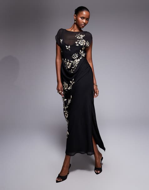ASOS DESIGN - Robe longue à manches asymétriques et fleurs ornementées - Noir et blanc - view 1