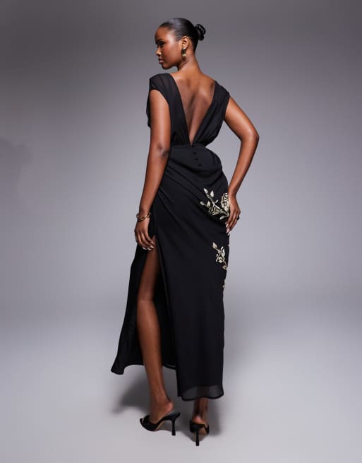 ASOS DESIGN - Robe longue à manches asymétriques et fleurs ornementées - Noir et blanc, 2 de 4