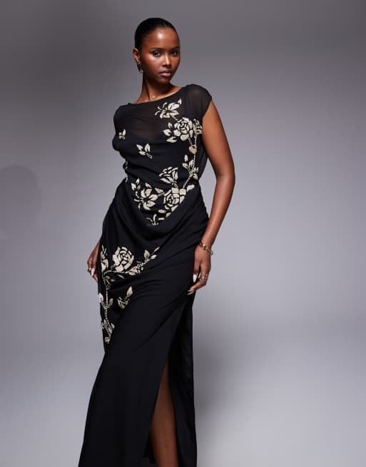ASOS DESIGN - Robe longue à manches asymétriques et fleurs ornementées - Noir et blanc, 3 de 4
