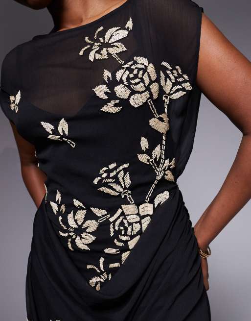 ASOS DESIGN - Robe longue à manches asymétriques et fleurs ornementées - Noir et blanc, 4 de 4